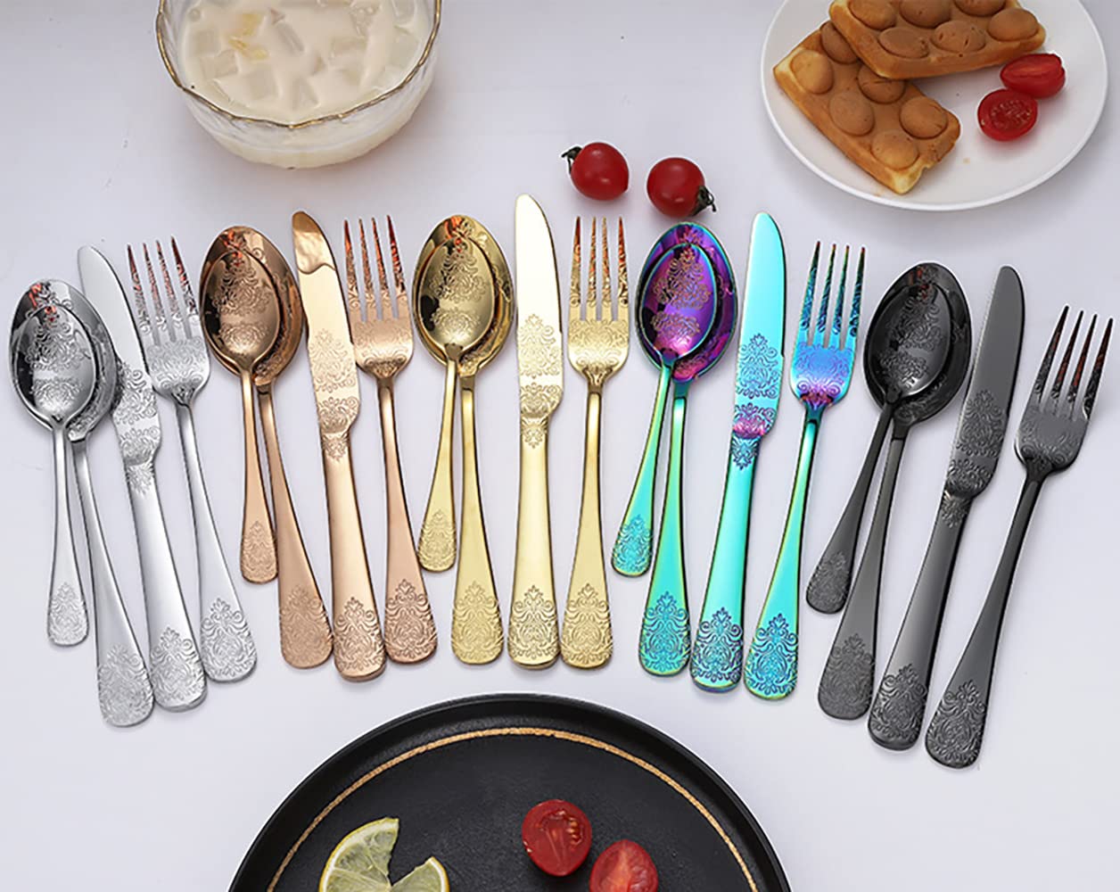 Juego de Cubiertos, Juego de Cubiertos de Acero Inoxidable, Transparente, Juego de Cuchara, Cuchillo y Tenedor, Juego de Cubiertos Impresos de 20 Piezas, vajilla de cocin
