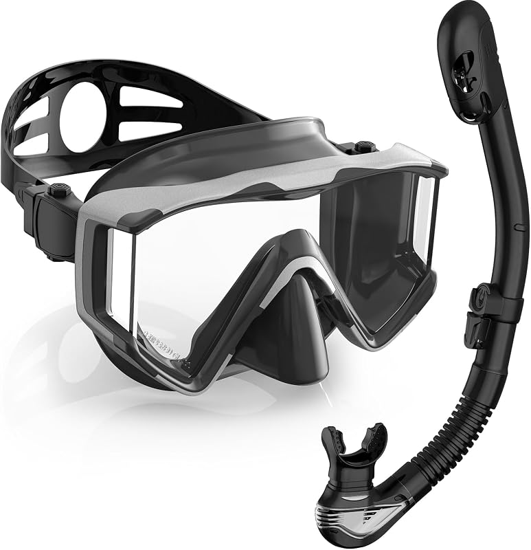 Greatever Equipo de snorkel para adultos, juego de buceo con máscara de snorkel de 3 ventanas | Vista panorámica amplia, máscara de buceo profesional antifugas, lente de PC antivaho, snorkel con superficie seca