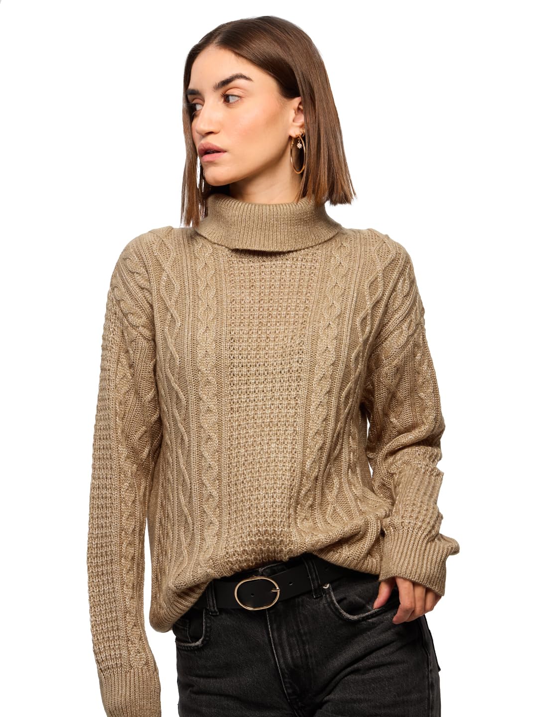 the souled store Champagne Women and Girls Long Sleeves Turtle Neck Solid Acrylic Oversized Sweaters-picture-44