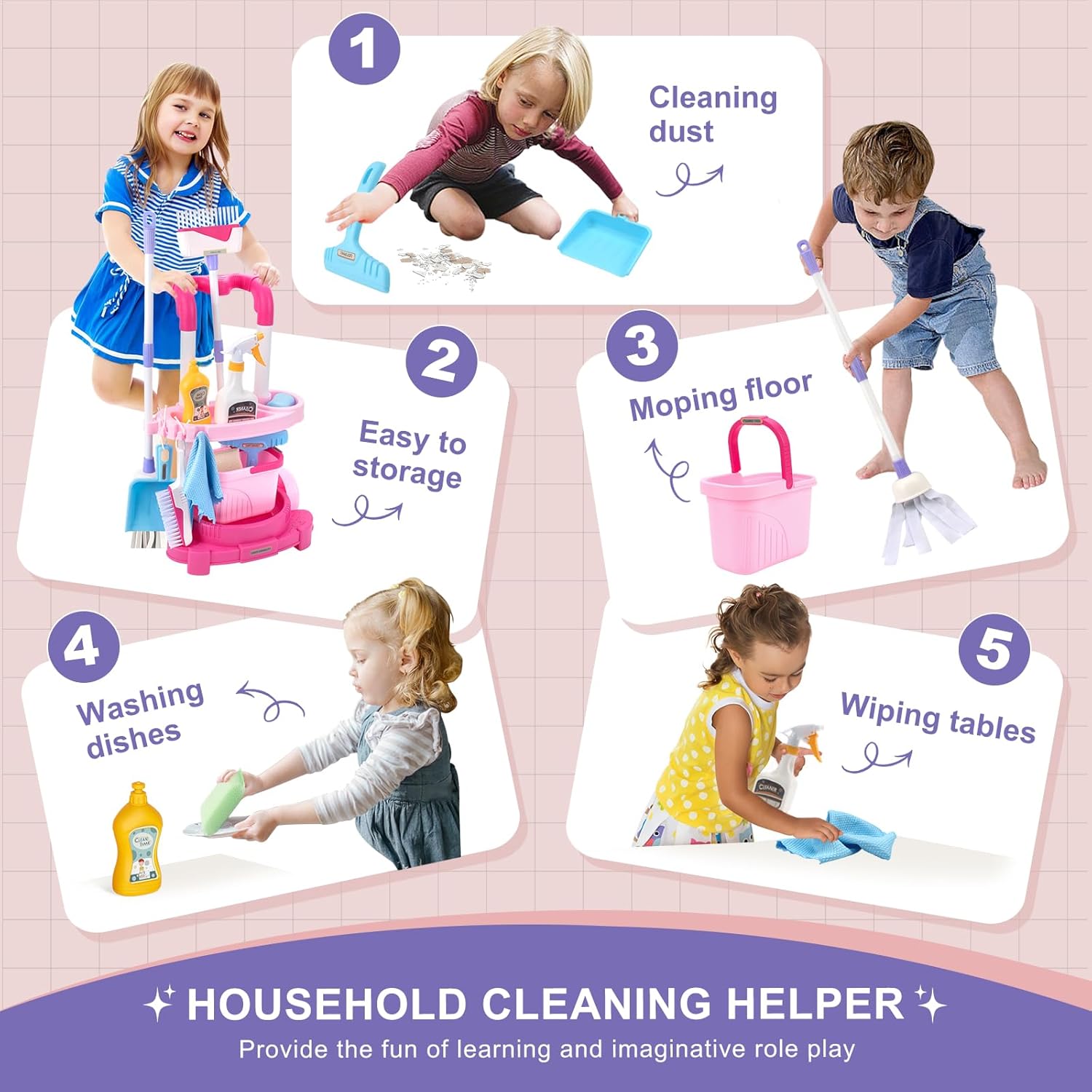 Jenilily Toddler Cleaning Set, Kids Cleaning Carts Toy Set, Detachable Kids Mop Broom Set for Toddlers - Pretend Play Educational Toy (Pink)
