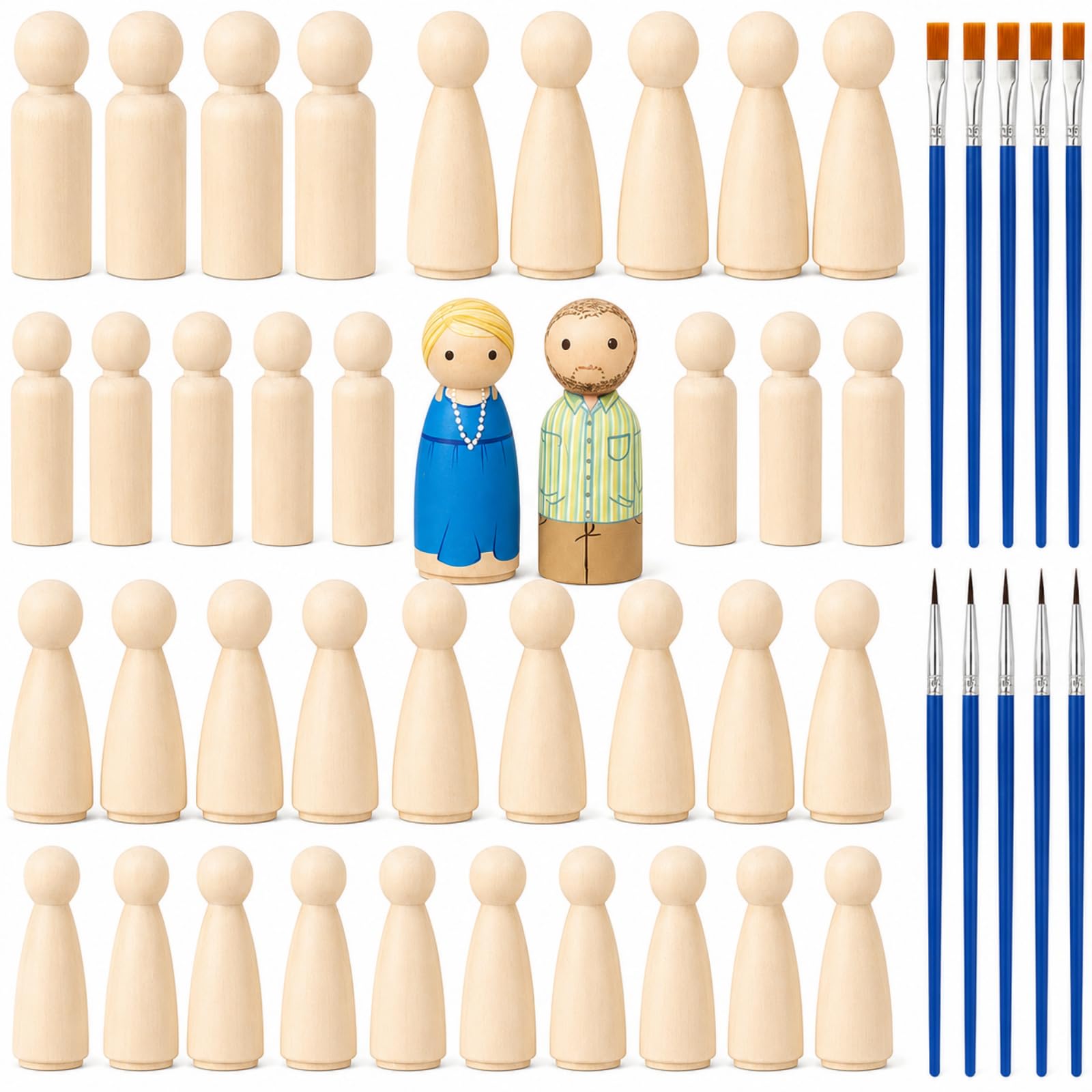 40Pcs Wooden Peg Dolls with 10 Brushes, Peg People 2 Sizes (53mm, 33mm)