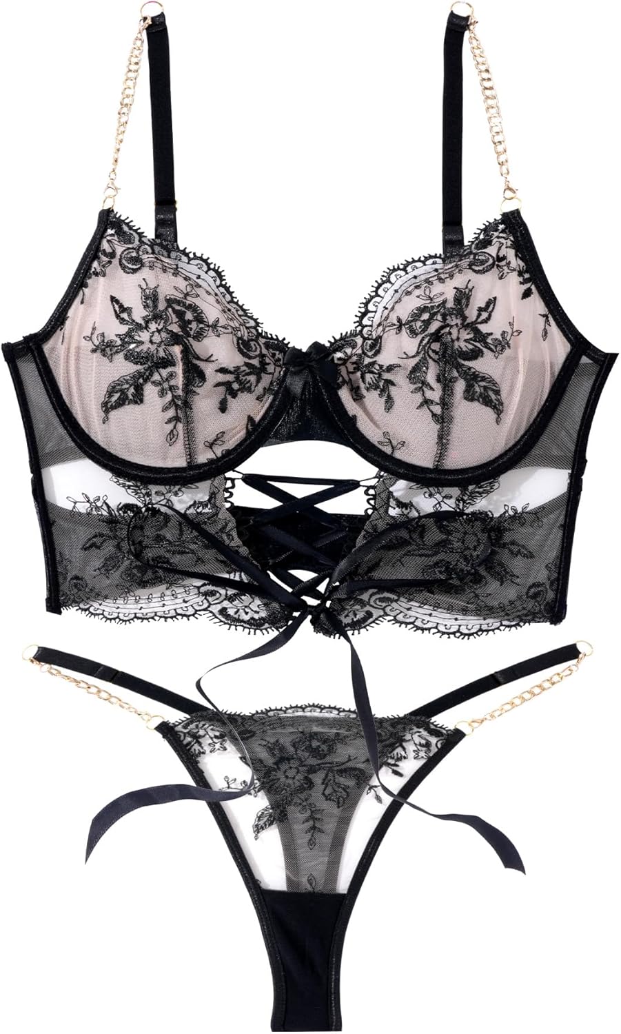 FEOYA Push Up Strappy Embroidered Mesh Sheer Lingerie Set Sexy Floral Embroidered Underwear