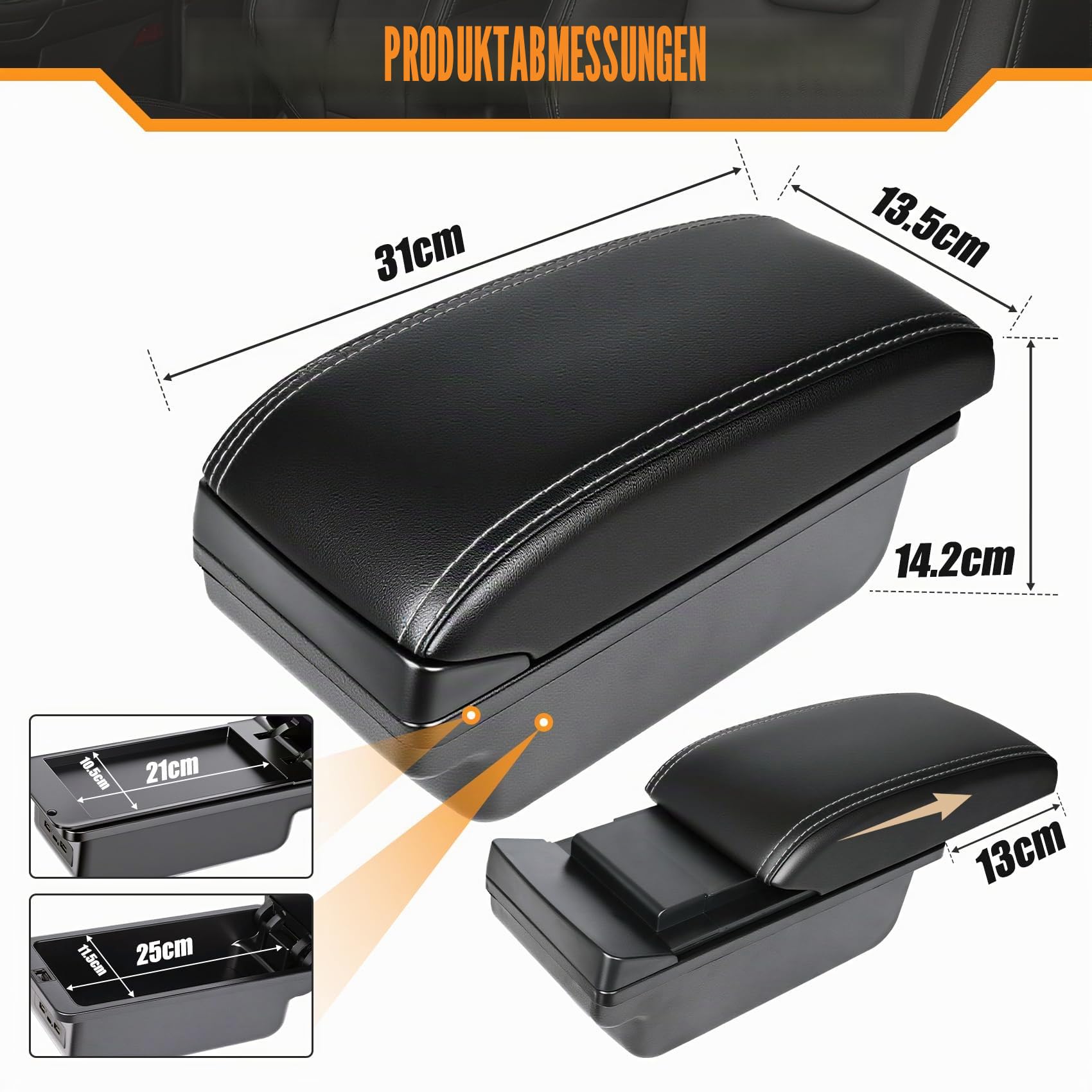 Autozubehor Armlehne für Fiat 500（2012-2017）Armlehnen Zweilagige Armauflage Schwarzes Leder mit weißen Linien