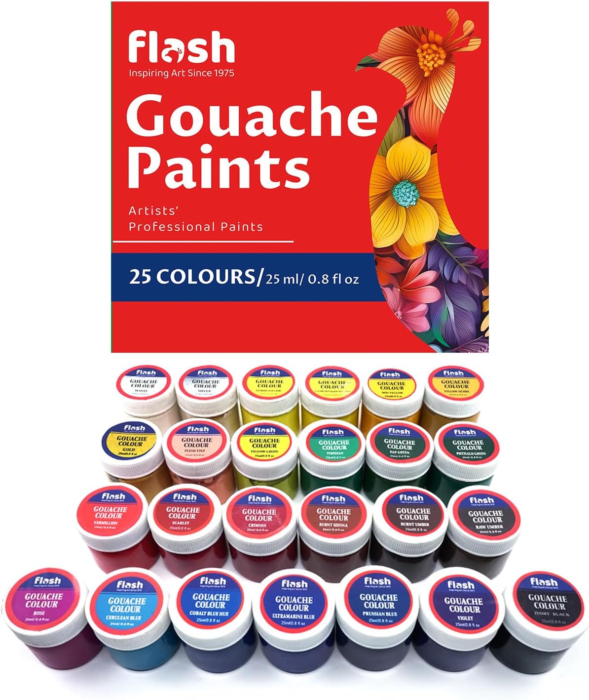 Flash Gouache Paint Set |25 Colors | 25 ml, 0.8 fl oz Each | Matt Finish | Rich Pig ments Vibrant Non Toxic Paints for Professional Artists Hobby Painters & Kids (Set of 25 Colours)