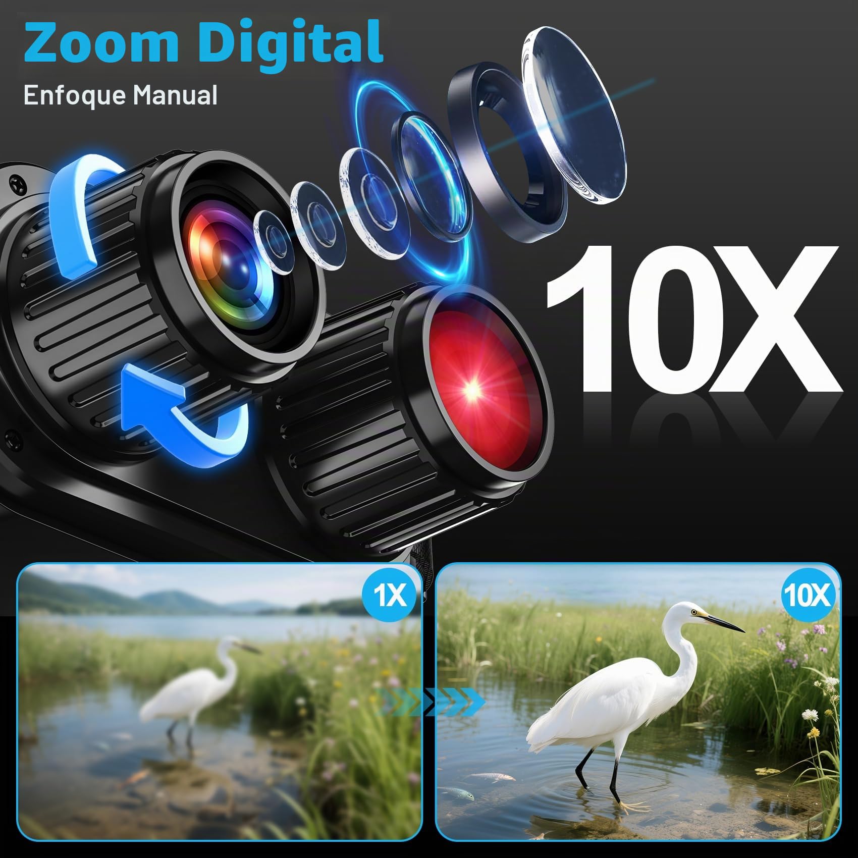 Binoculares Visión Nocturna, 7 Niveles de Infrarrojos, Zoom Digital 10X/ Rango de 800m/ Una Pantalla HD de 2.8"/ 2000mAh Recargable con Tarjeta 32GB/ para Cazar/Acampar