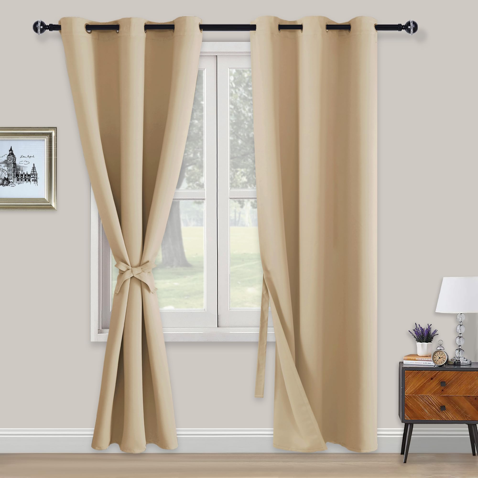 XWZO Blickdichte Vorhänge Verdunklungsvorhänge mit Ösen 2 Stücke Gardienen mit Raffhalter Lichtundurchlässige Vorhänge für Schlafzimmer,WonhzimmerBüro, 229x117 cm, Beige