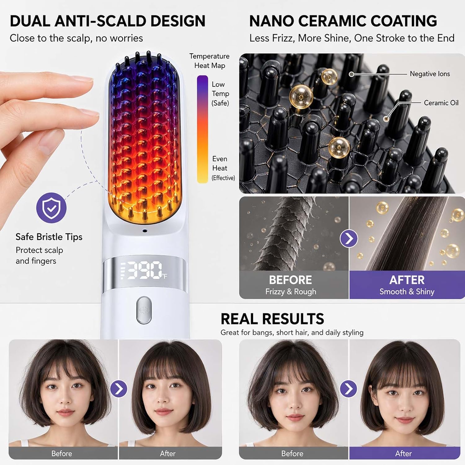 2026 Smart Comb for Short Hair Styling Tools,Cordless Hair Straightener Brush Portable for Travel USB Charging Two Power Sources 30s Fast Heatinglcd Large Screen Display for Frizz-Free (White)