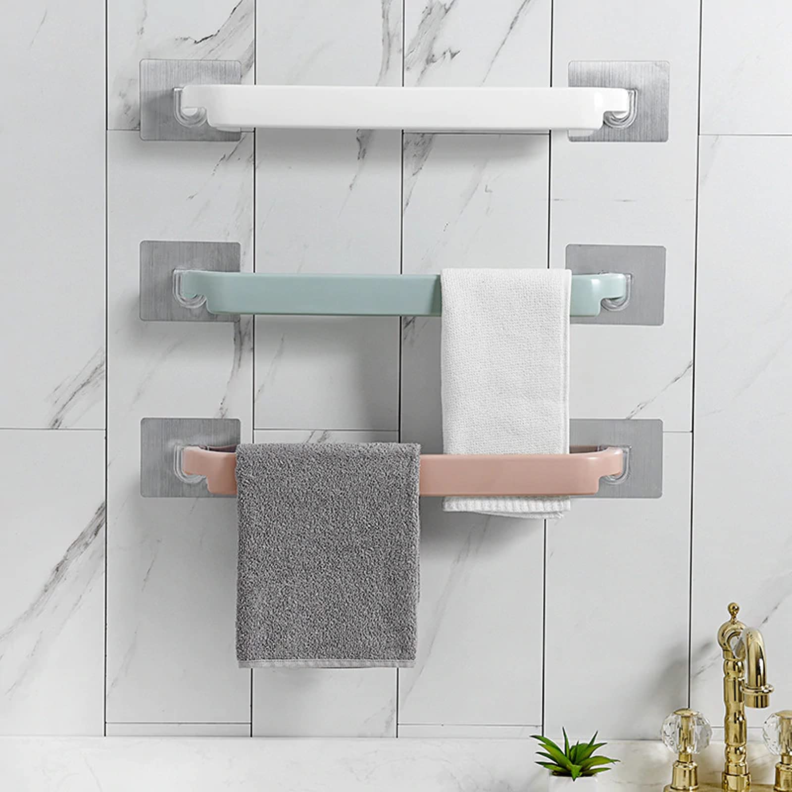 MEZON Self Adhesive Towel Holder No Drill Plastic Wall Mounted Rack Shelf | Multipurpose Cloth Hanger for Bathroom Kitchen | Strong Sticky Organizer Hook Stand (Pack of 3, Random Color) 1
