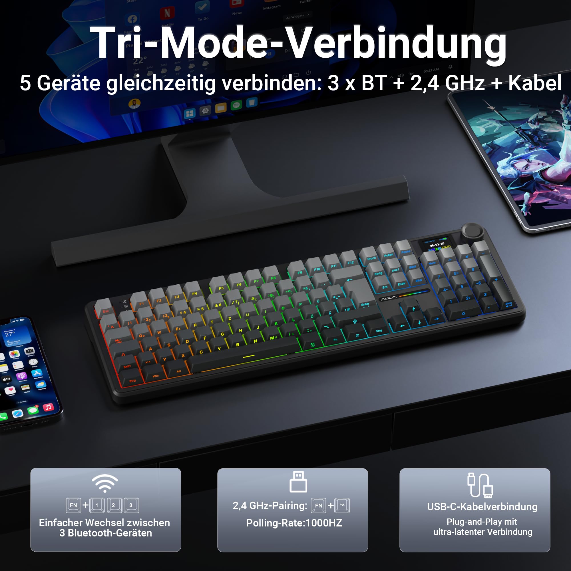 AULA F108 Pro Mechanische Tastatur QWERTZ,3-Modus(Kabel/2,4G/Bluetooth),Gasket-Struktur,Hot-Swap-fähig,LCD-Display & Drehknopf,RGB,8000mAh,100% deutsches Vollformat-für PC,Mac&Tablet (Grau)