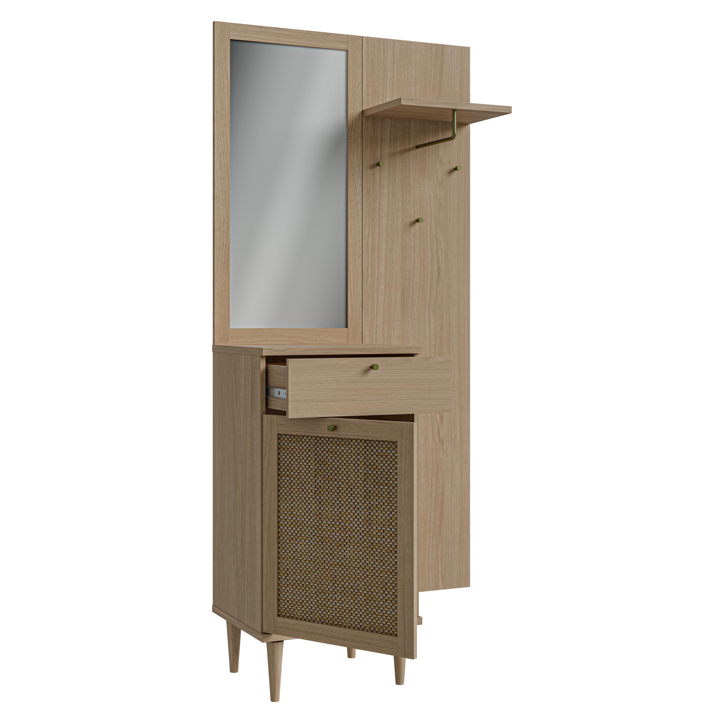 Forte CALASETTA Garderobe 90, 1 Schubladen, 1 Tür, mit Spiegel, Kleiderstange und Ablageflächen, Holzwerkstoff, Elegancia Eiche Holzdekor | Technorattan, 90,4 cm breit x 198 cm hoch x 41,4 cm tief