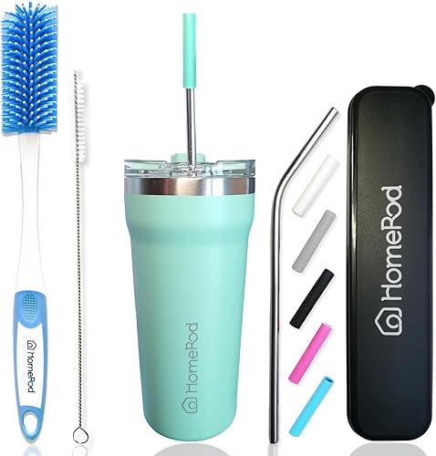 (juego de 3, 1 taza de café aislada de acero inoxidable con tapa, 18 onzas, verde azulado + 1 limpiador de cepillo de botella de 14 pulgadas + 1