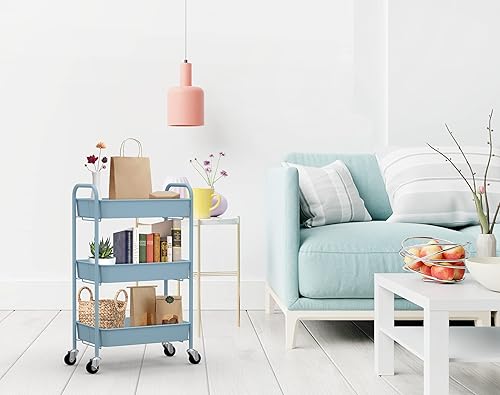 Miniatura 7 de CAXXA Organizador de almacenamiento de metal rodante de 3 niveles, carrito móvil con ruedas giratorias, azul Azul,Verde Aqua,Negro,Rosa,Blanco