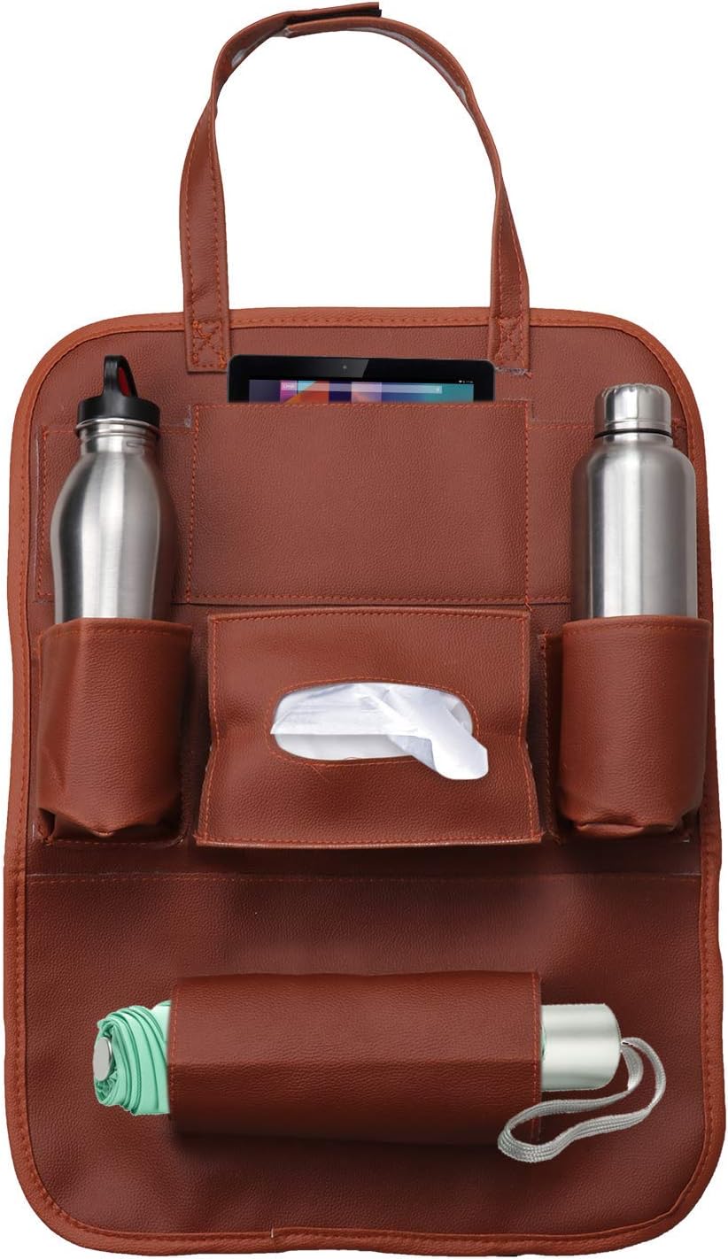 Thump Car Auto Seat Back Multi Pocket Organizer PU Leather with iPad Mini Holder Backseat Hanger Accessory (Tan, Pack of 1)