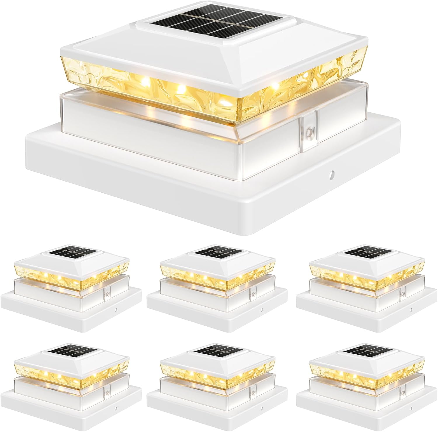 Solar Post Cap Lights for 4x4 & 5x5 Vinyl/Wood Fence Posts – 6 Pack, Warm White (3000K), 600mAh Battery, 12+ Hour Runtime, Auto Dusk-to-Dawn On/Off, White