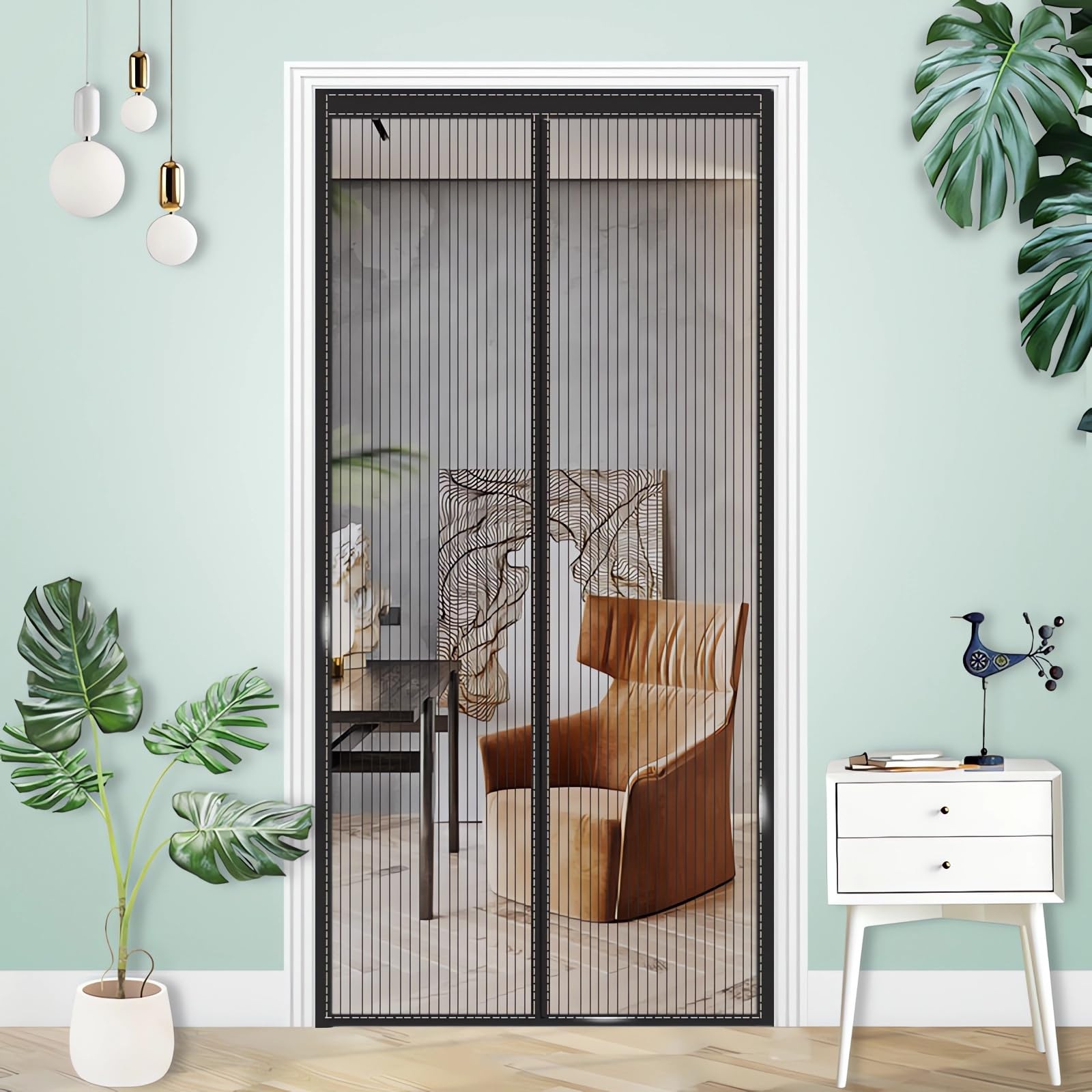 Moustiquaire de Porte Rideau,235x230 cm(largeur*hauteur) Magnétique Rideau de Porte Antimoustique avec Fermeture Aimantée Sans Perçage pour Porte de Balcon, porte Cave,Bandes Noires