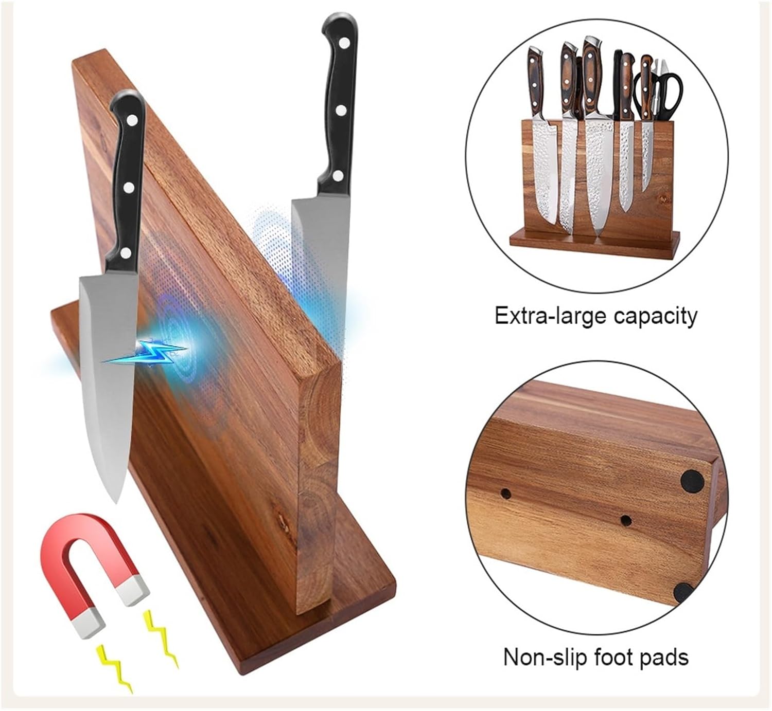 Magnetic Knife Block Double-Sided Wooden Holder Set Stand With Strong Enhanced Magnets，Compatible For Counter Top