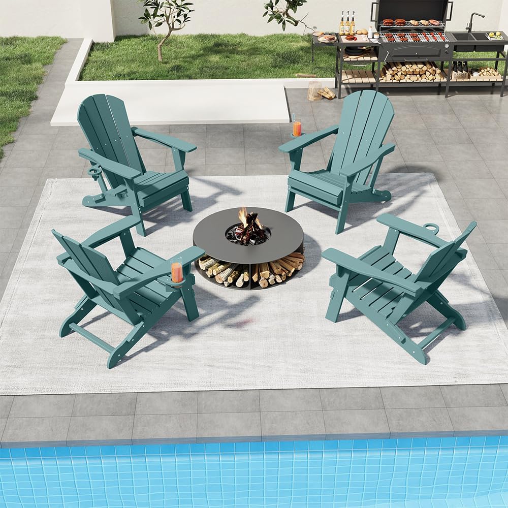 Folding Adirondack Chairs with Cup Holders, Set of 4 HDPE Plastic Outdoor Chairs, Weather Resistant, Real Wood Look, Heavy-Duty Patio Furniture for Deck, Fire Pit, Backyard, Aruba Blue