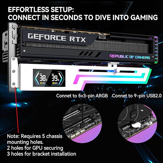 ARGB GPU Support Bracket with CPU & GPU Temp Display, Universal Graphics Card Support, Multi Angle Adjustable Anti Sag GPU Stand for Video Card, GPU Brace Built-in 5V3PIN Addressable RGB Strip