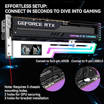 ARGB GPU Support Bracket with CPU & GPU Temp Display, Universal Graphics Card Support, Multi Angle Adjustable Anti Sag GPU Stand for Video Card, GPU Brace Built-in 5V3PIN Addressable RGB Strip