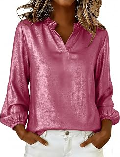 Women's Satin Blouse Long Sleeve V Neck Dressy Shirts Silk Look Shiny Tops Elegant Work Office Party Holiday Top