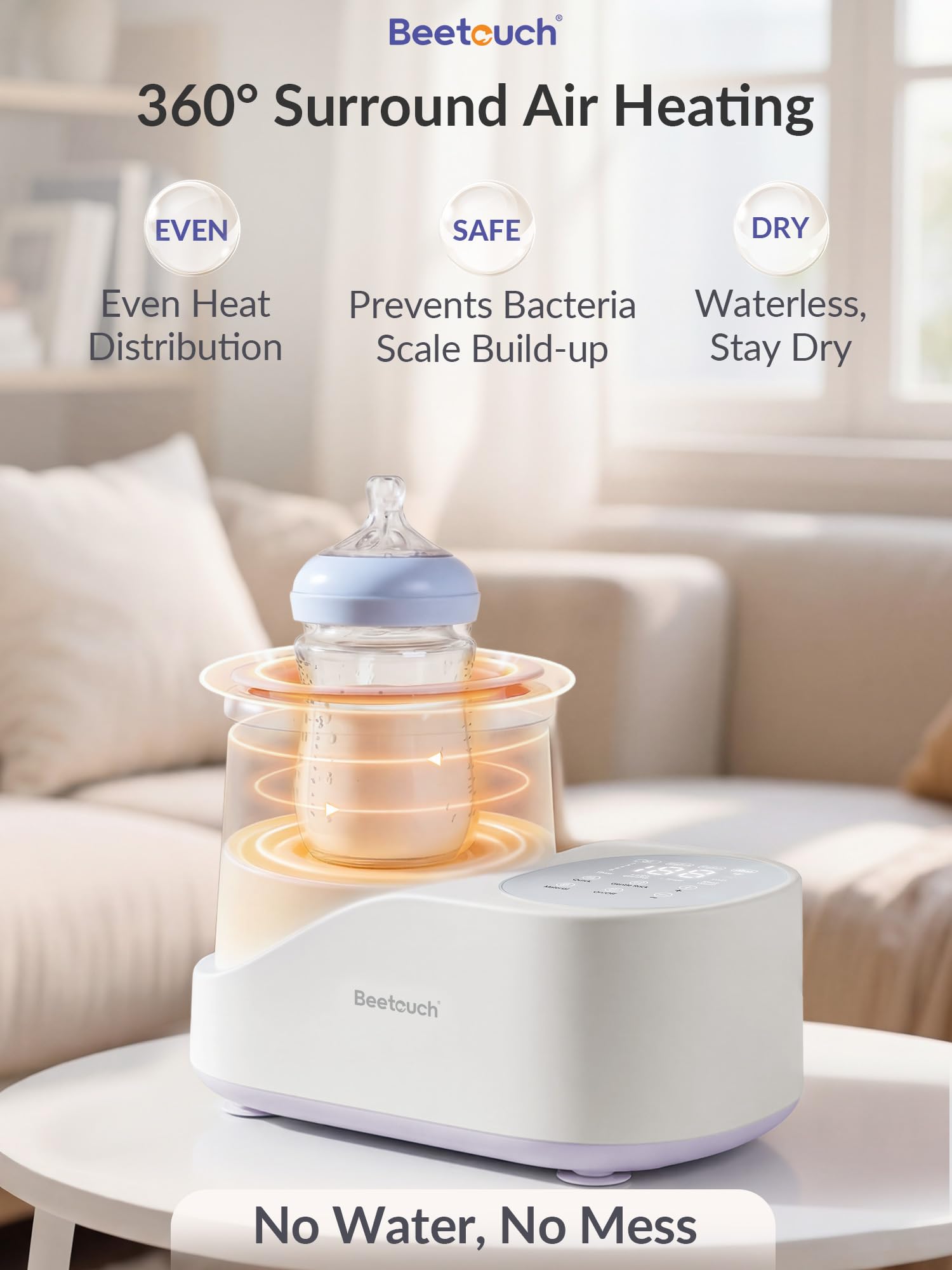 Chauffe-biberon sans eau et mélangeur – Chauffage du flux d'air à 360° et basculement doux, contrôle précis de la température du cœur pour lait maternel et lait maternisé