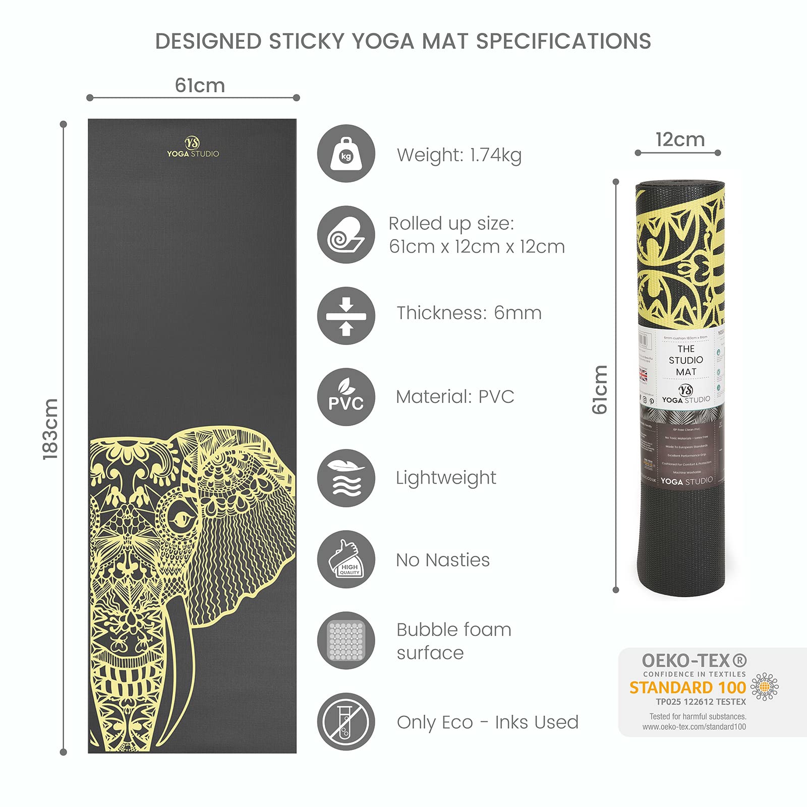 Yoga Studio Esterilla de yoga adhesiva diseñada | Oeko-Tex Antideslizante a prueba de desgarros | Entrenamiento Ejercicio Gimnasio Fitness Mandala Yoga & Pilates Mat | 183 cm x 61 cm x 6 mm - Elefante