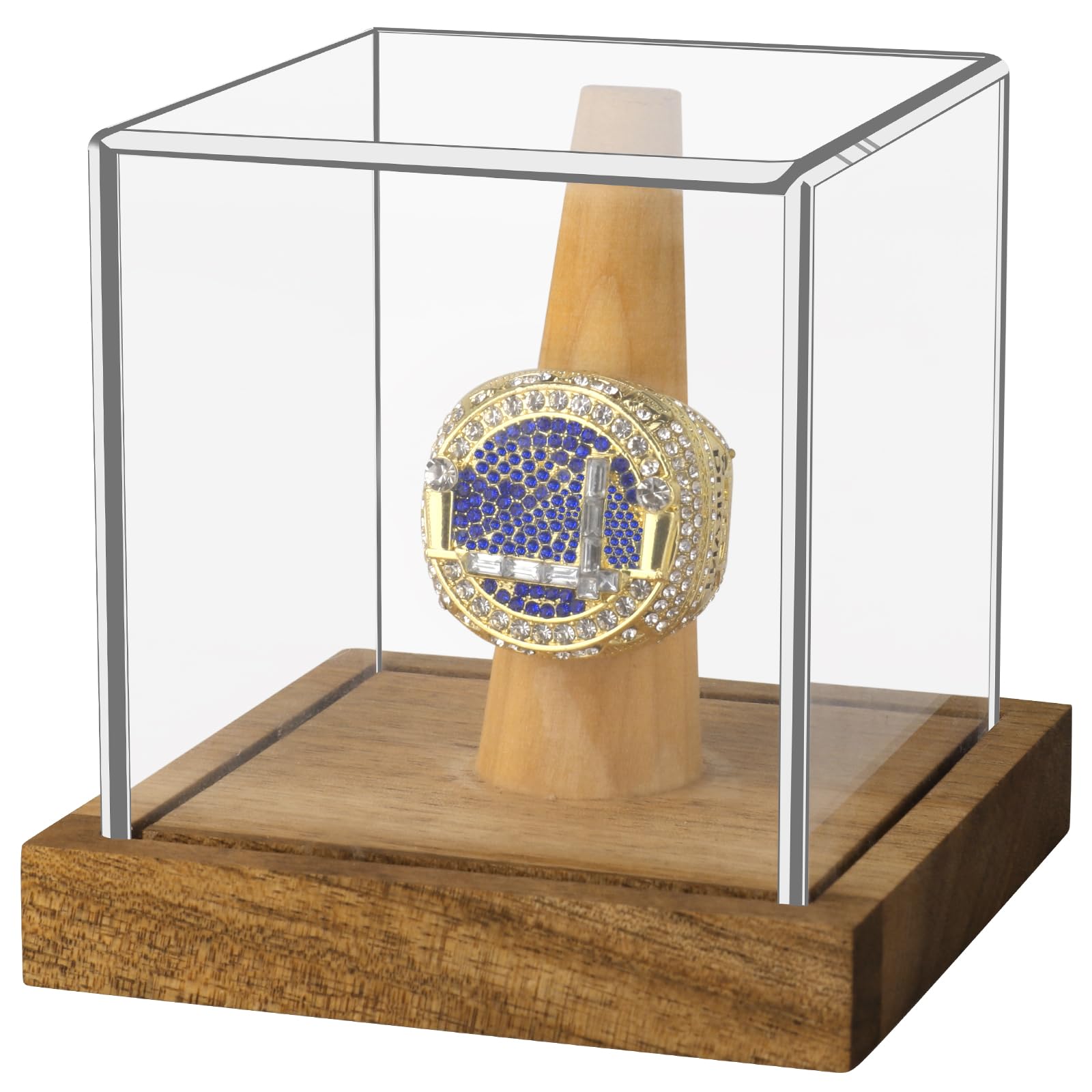 Clear Acrylic Championship Ring Display Case with Wood Stand Base, Memorabilia Stand Cube Holder Dust Protection Transparent Storage Box for Sports Baseball Basketball Fan Souvenir Protection Supplies