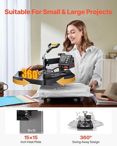Miniatura 6 de VEVOR Máquina de prensa de calor 8 en 1 de 15 x 15 pulgadas, prensa de camisetas oscilante de 360, transferencia de calor digital profesional por