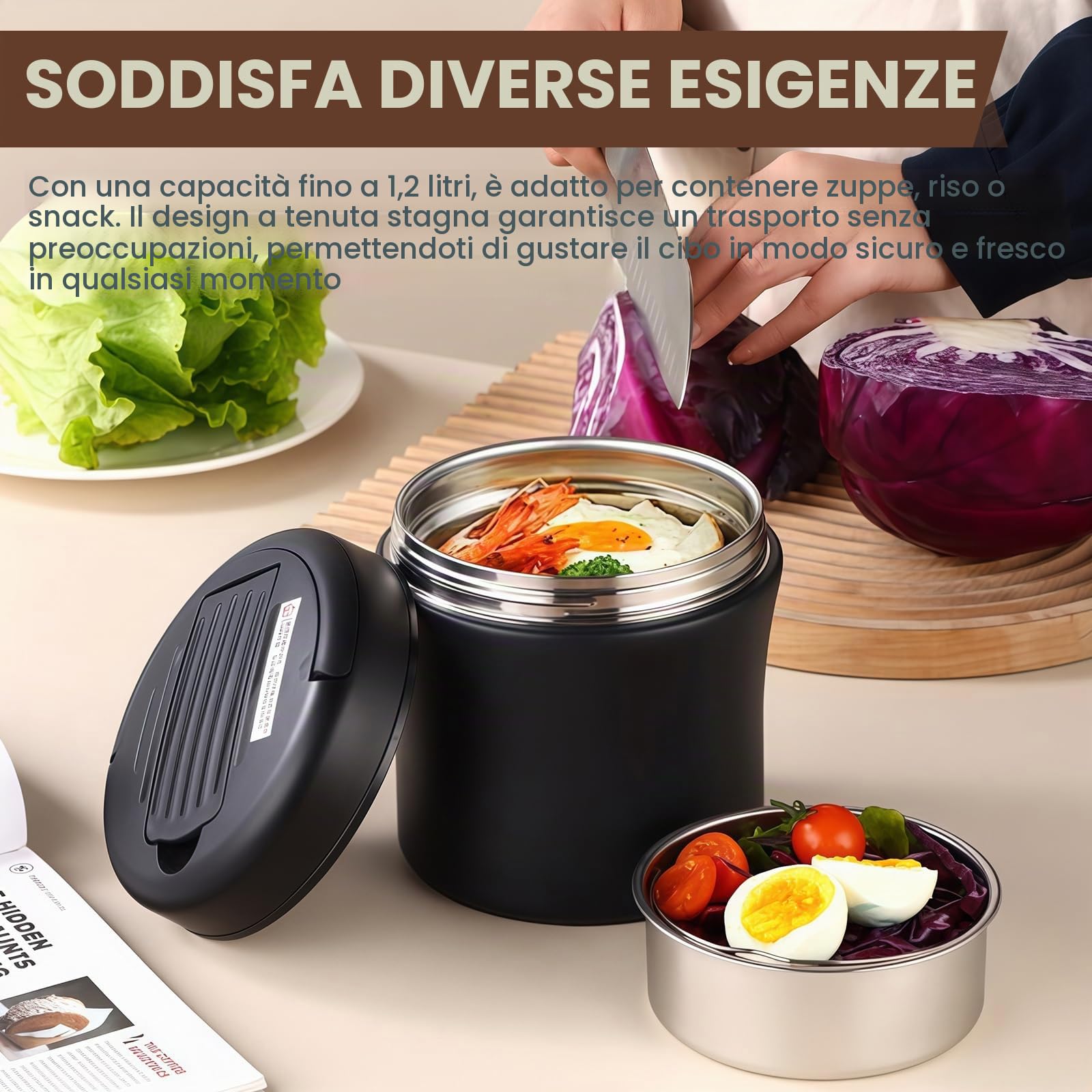 Contenitore termico per alimenti: 1,2L Contenitore termico in acciaio inox con coperchio, Thermoskanne a tenuta stagna per alimenti, Lunchbox termica per cibi (Nero)