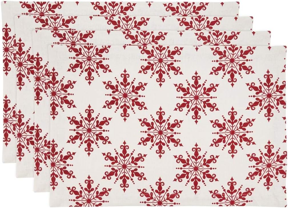 Fennco Styles Christmas Snowflake Cotton Table Placemats 14" W x 20" L, Set of 4 - Red Festive Table Mats for Home Décor, Banquet, Family Gathering, Holiday and Special Occasion