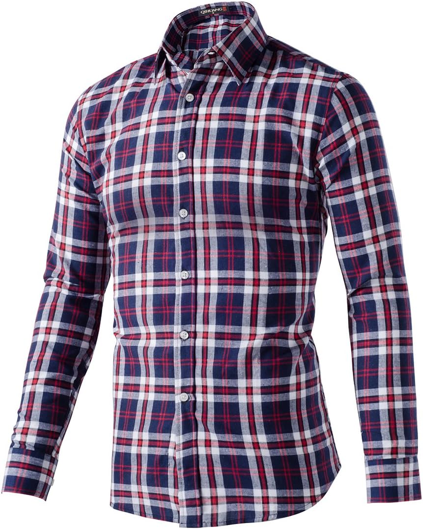 QIHUANG Mens Casual Slim Fit Long Sleeve Pocket Plaid Dress Shirt