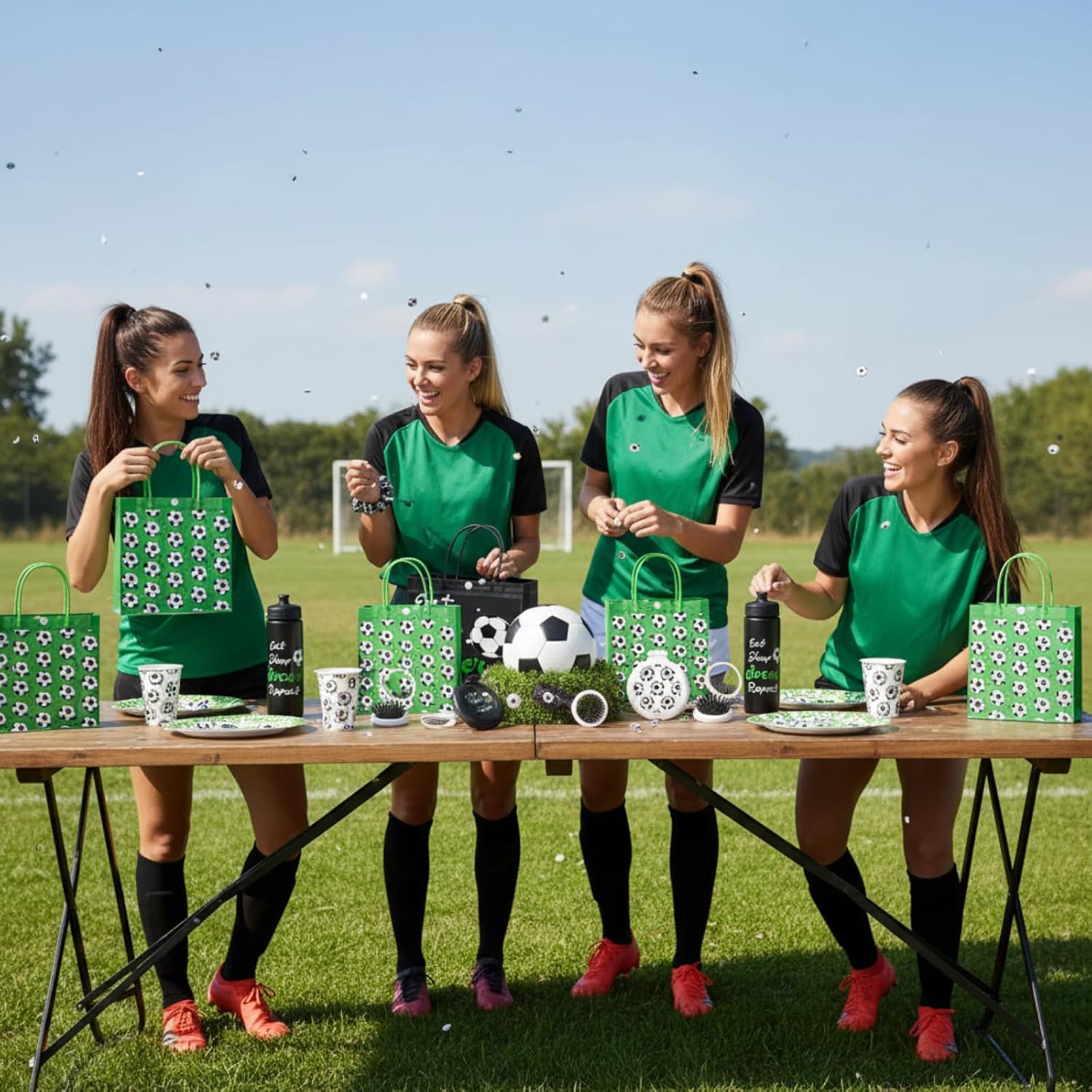 48 Pcs Soccer Party Favors Set Soccer Team Gifts for Players, Birthday Party Supplies, Sports Accessories with Treat Gift Bags, Keychains, Hair Brush with Mirror, Scrunchies - Image 4