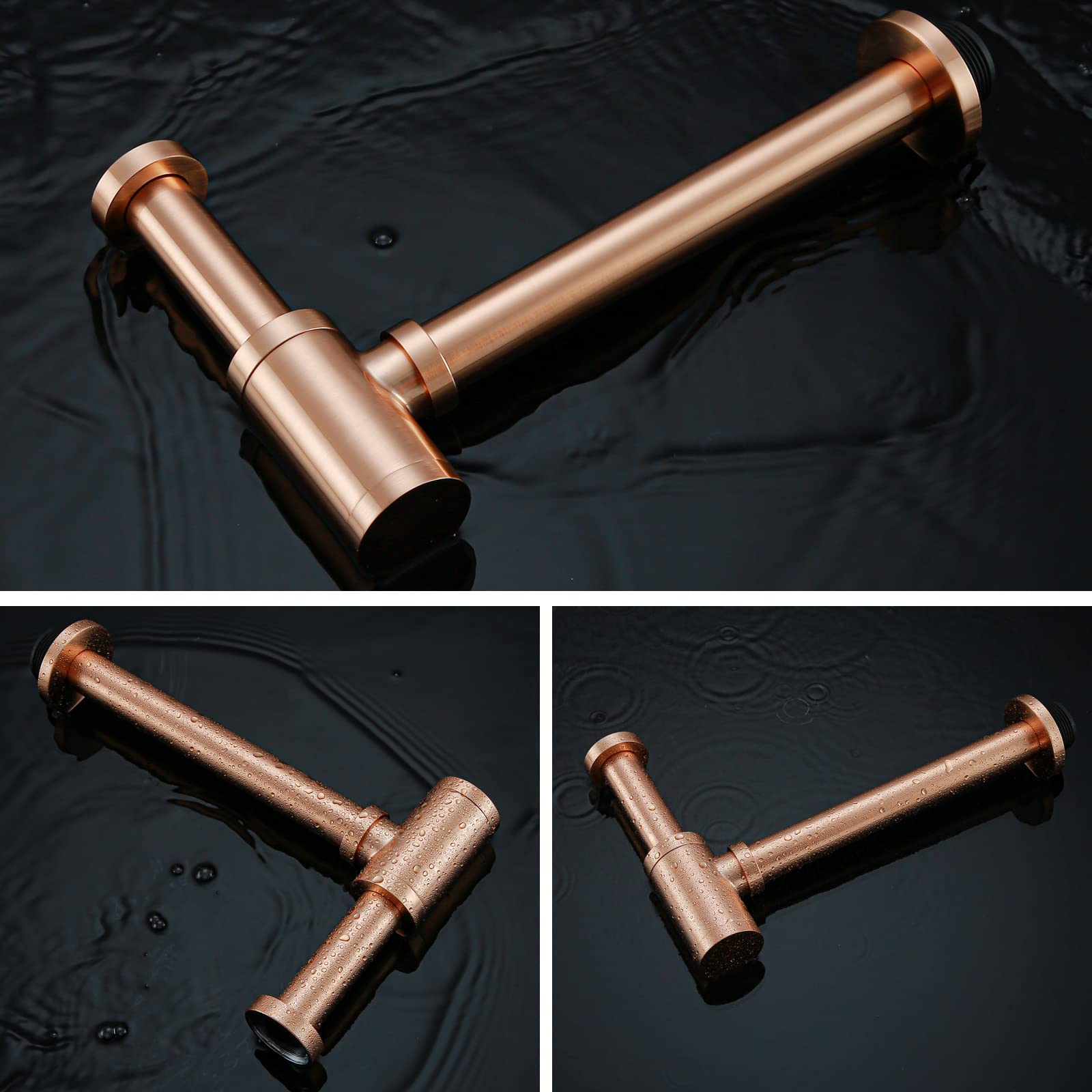 RANDOM Sifone rotondo in ottone, stile contemporaneo, 1 1/4 di scarico per lavabo, kit di scarico P, rame satinato, anche rame antico rosso (oro rosa spazzolato)