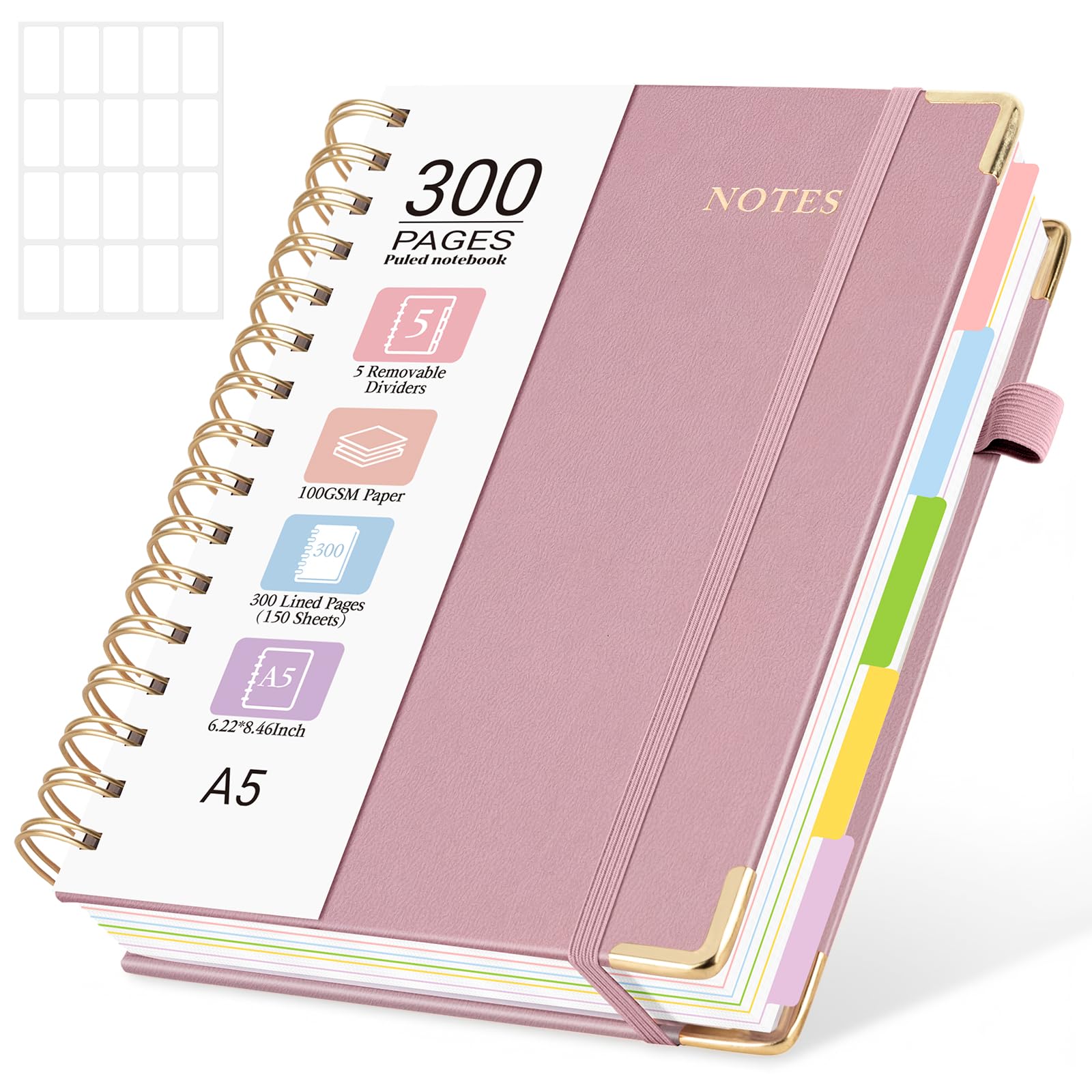 MOFELON A5 Notebook with Dividers, Notepad A5, 300 Pages Spiral Lined Notebooks,PU Leather HardCover Journals for Women,Note Book Pad for Office Work School, 21.5 x 15.8cm - DARK PINK — image 1