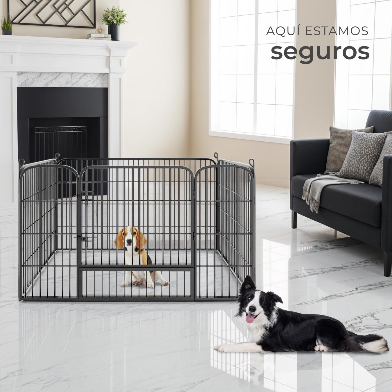tectake® Parque para Perros, Puerta Seguridad para Niños y Mascotas, Valla Metálica, Jaula Perro, Barrera de Seguridad Plegable, Parque Perros y Conejos, Doble Cierre - Gris