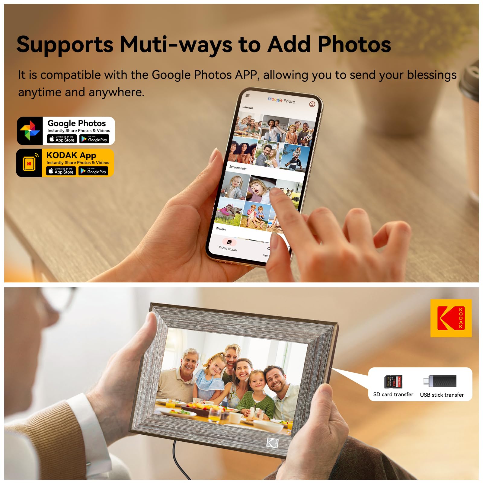 KODAK Wooden WiFi Digital Picture Frame, 32G 10.1 Inch Digital Photo Frame 1280x800 HD IPS Touch Screen, Auto-Rotate, Share Photos and Videos via KODAK App, for Friends and Family