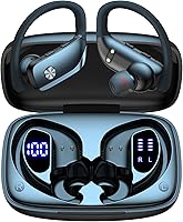 BMANI Wireless Earbuds: 80H Playtime LED Display Case, Over-Ear Hooks, Stereo Sound, Mic, Button Controls - Sports Headphones for Running Gym Black