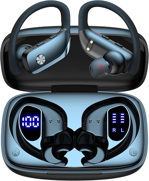 Auriculares inalámbricos bmani, auriculares Bluetooth con 80 horas de reproducción, pantalla LED, funda, gancho para la oreja, con micrófono, sonido estéreo, controles de botón fácil, auriculares