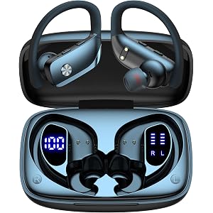 bmani Ear Buds Wireless Earbuds Bluetooth Headphones with 80H Playtime LED Display Case, Over-Ear Hook with Mic, Stereo Sound, Easy Button Controls, Sports Earphones for Running Workout Gym Black
