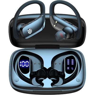 bmani Ear Buds Wireless Earbuds Bluetooth Headphones with 80H Playtime LED Display Case, Over-Ear Hook with Mic, Stereo Sound, Easy Button Controls, Sports Earphones for Running Workout Gym Black