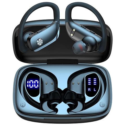 bmani Ear Buds Wireless Earbuds Bluetooth Headphones with 80H Playtime LED Display Case Over-Ear Hook with Mic Stereo