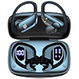 bmani Ear Buds Wireless Earbuds Bluetooth Headphones with 80H Playtime LED Display Case, Over-Ear Hook with Mic, Stereo Sound, Easy Button Controls, Sports Earphones for Running Workout Gym Black