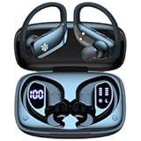 bmani Ear Buds Wireless Earbuds Bluetooth Headphones with 80H Playtime LED Display Case&comma; Over-Ear Hook with Mic&comma; Stereo Sound&comma; Easy Button Controls&comma; Sports Earphones for Running Workout Gym Black