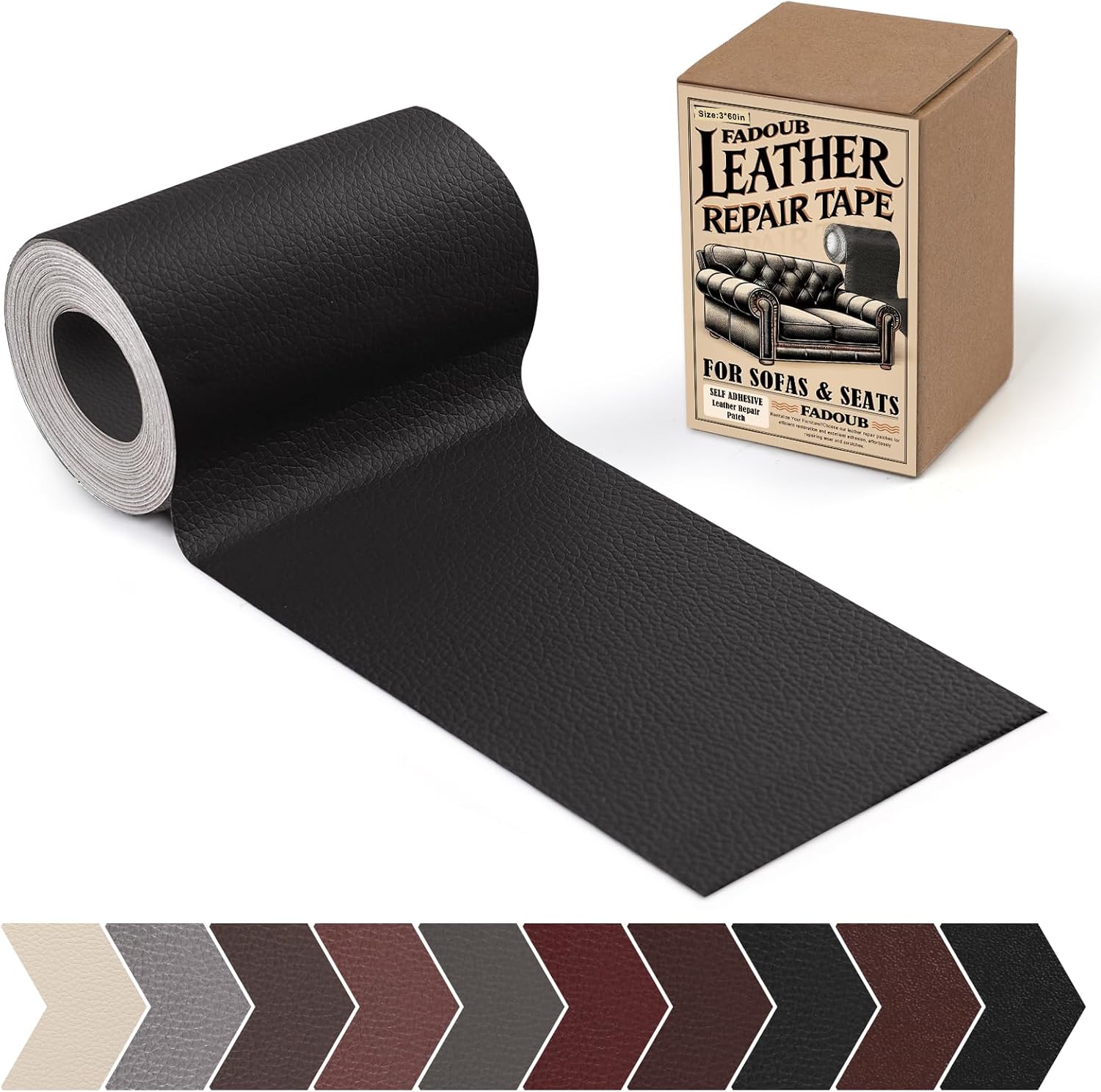 Leather Repair Patch, 3 x 60In Self Adhesive Leather Repair Tape Kit for Furniture, Couch, Sofa, Office, Car Seats, Car Interior,Vinyl Repair Kit (Black) Black Litchi Grain 3 x 60 In