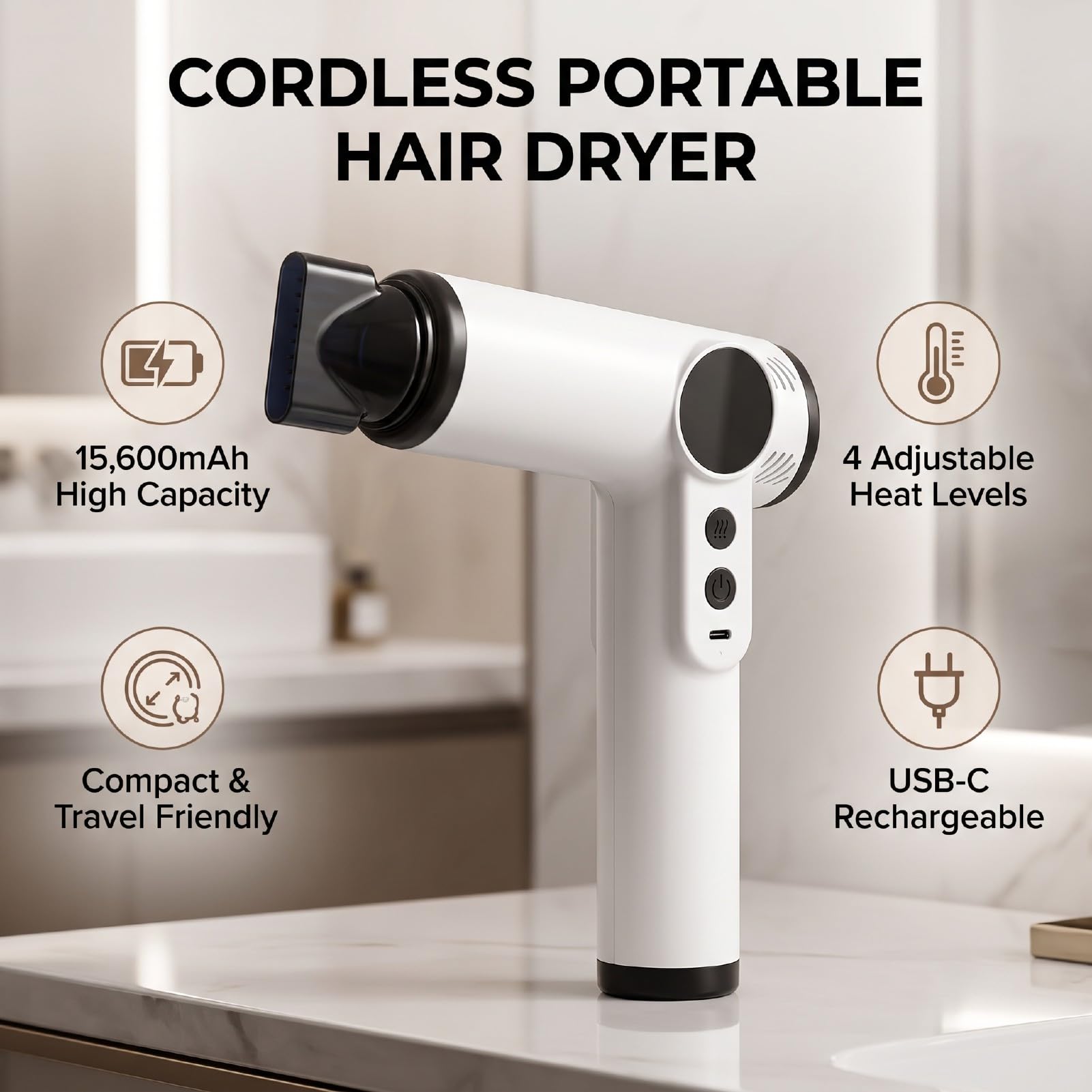 Secador de Pelo Recargable por USB, Secador Portátil, 4 Velocidades Frío y Calor, for Viajes y Uso Diario (WHITE)