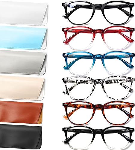 Henotin Paquete de 6 lentes de lectura para mujeres y hombres bloqueo de luz azul elegantes lectores de computadora con funda de cuero