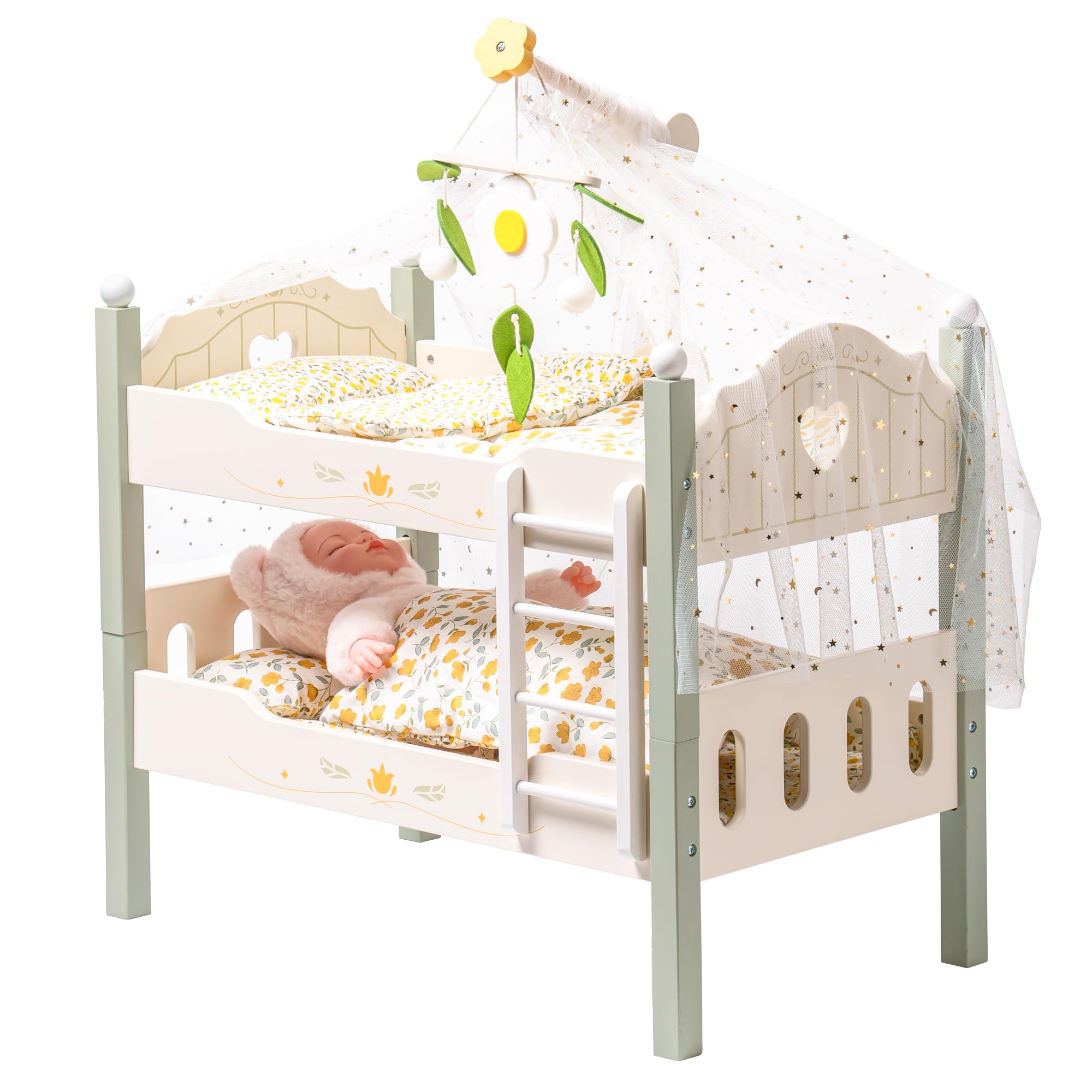 ROBOTIME Wooden Doll Bunk Bed, Dolls Cots Convertible Bed with Ladder and Bedding, for 18 inch Stackable Dolls Crib, Perfect Doll Accessories, Gift for Children, Green