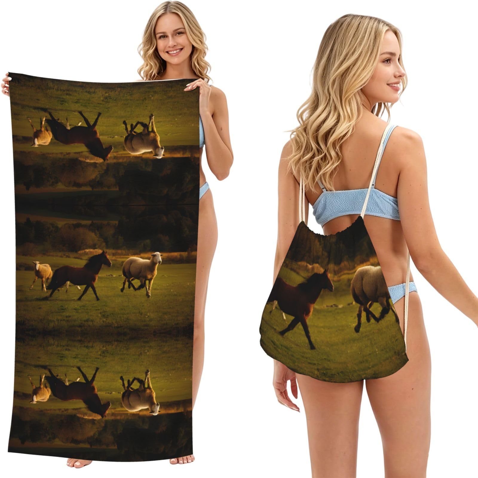ESNAIUVCD Black Horses Red Glowing Clouds Print Beach Towel For Adults,Towel With Drawstring Bag, Travel Pool Swimming Sports Shower Sand Free Quick Dry Bath Towel For Pool, Beach, Yoga- 180x60cm