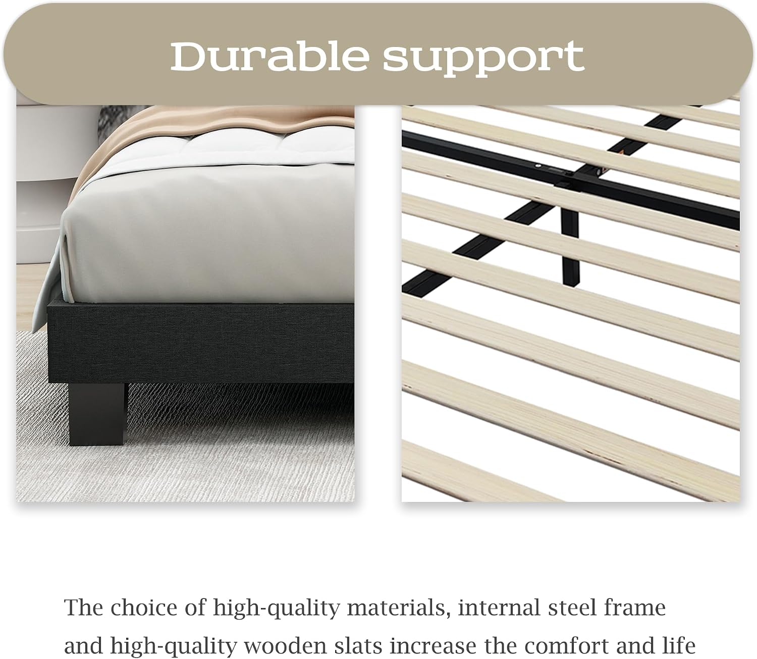 Upholstered Platform Twin Bed Frame with Headboard Wooden Slats Support Easy Assembly No Box Spring Needed Black Linen