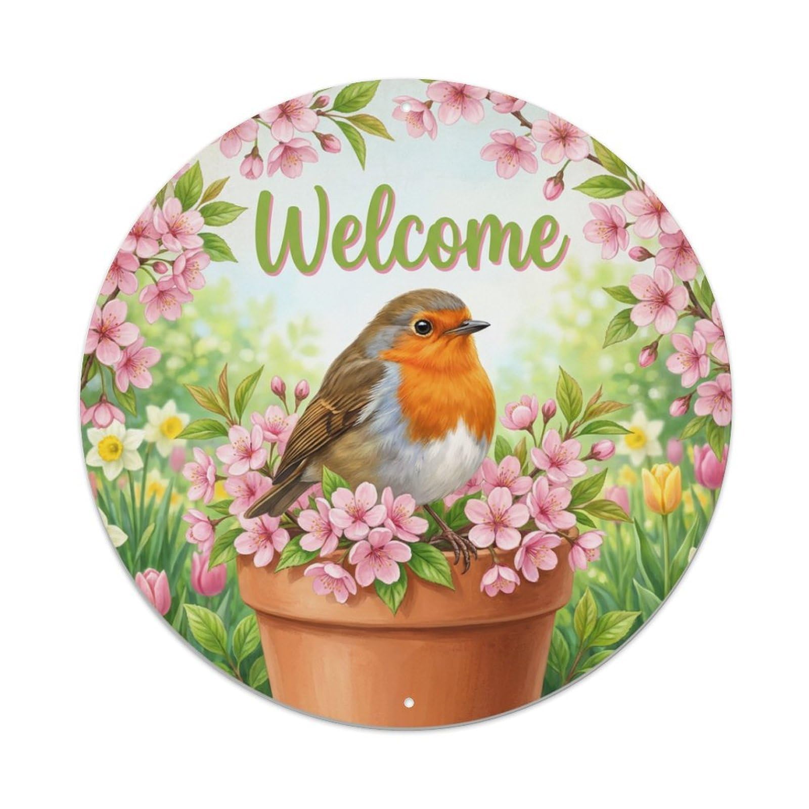 Metal Tin Sign Welcome Robin Spring Blossom